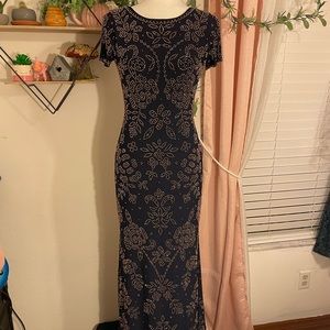 BHLDN Navy Beaded Formal Dress w/ Train